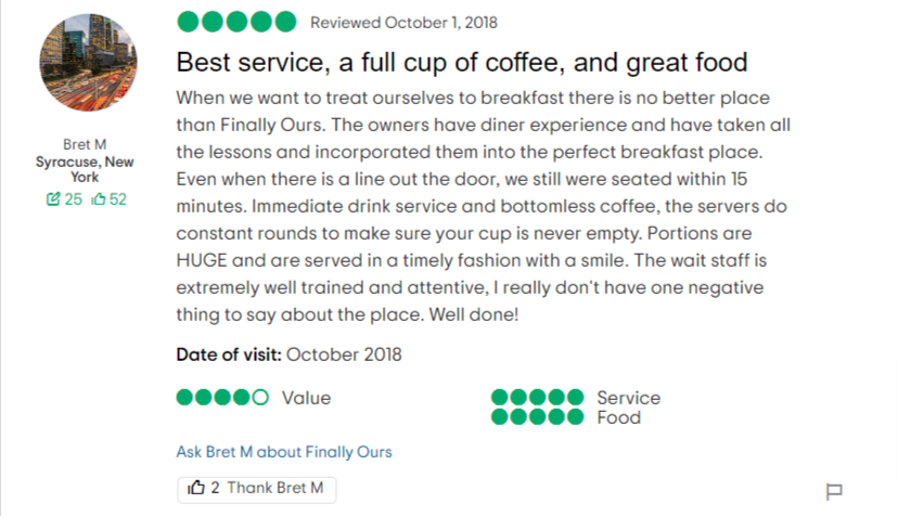 Read more about the article Best service, a full cup of coffee, and great food